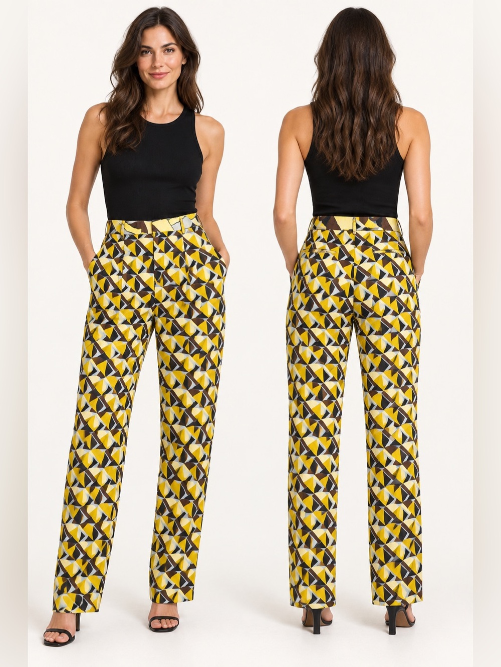 ZARA Women’s S Geometric Print Straight Leg Pants Yellow Brown Retro
